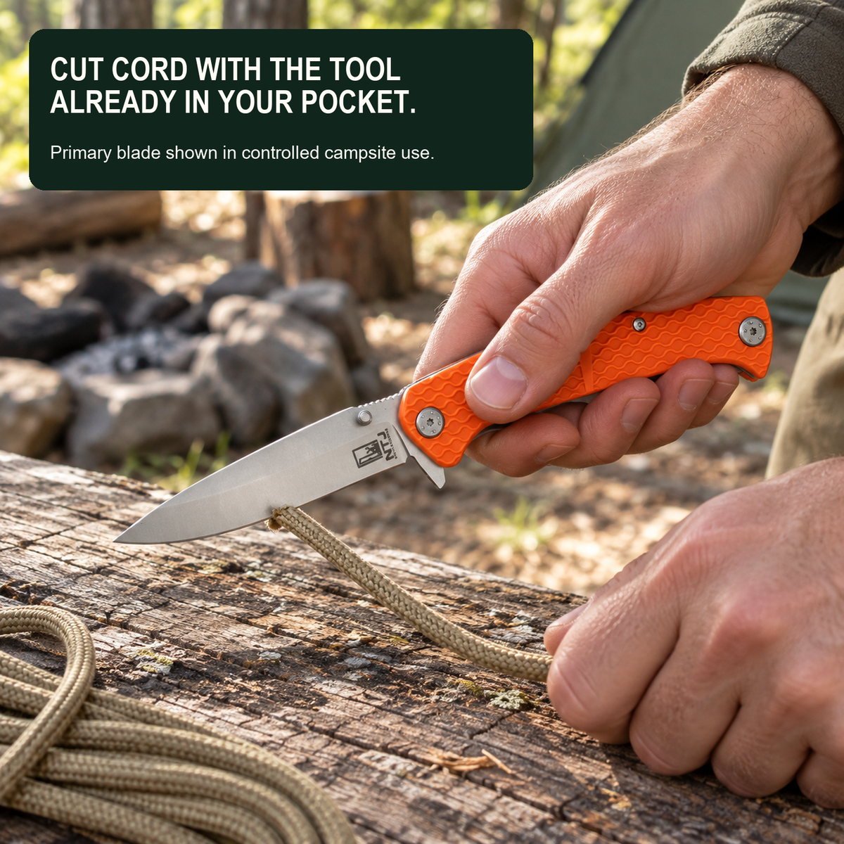 NTJ 814 primary blade cutting cord at a campsite